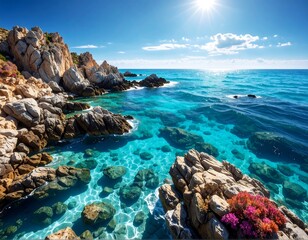 Azure coast with sunlit rocks