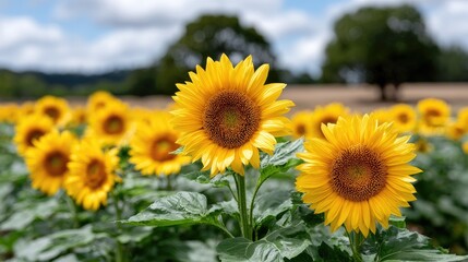 Vibrant yellow sunflowers sway gently in a blooming field, creating a peaceful and beautiful atmosphere under the summer sky