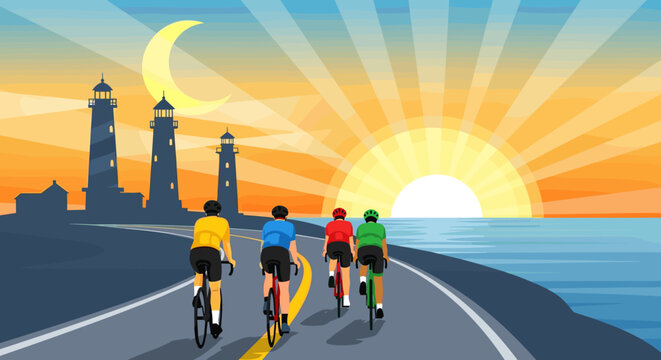 Flat vector cartoon illustration of cyclists in colorful outfits riding on road near ocean with lighthouse, sunset, and crescent moon, bright sunshine design perfect for sports, travel, and adventure