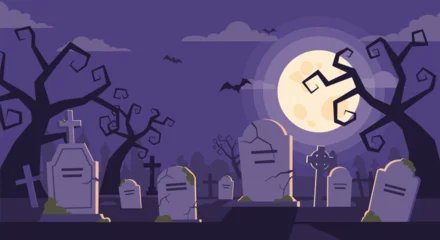Rolgordijnen Kinderkamer Minimal graveyard scene with crosses and moonlight on a purple backdrop, flat vector cartoon illustration in simple shapes and cute Halloween design style, spooky seasonal clipart  © Mimi