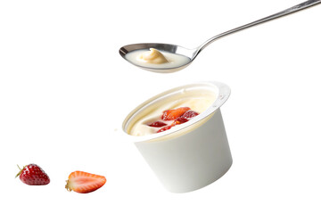 yogurt cup floating in air with spoon surreal breakfast magic