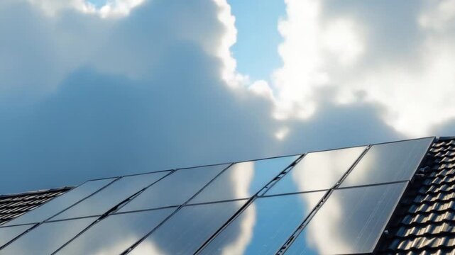 Time lapse of clouds and sky reflectiing in solar panels on a roof of a residential house.