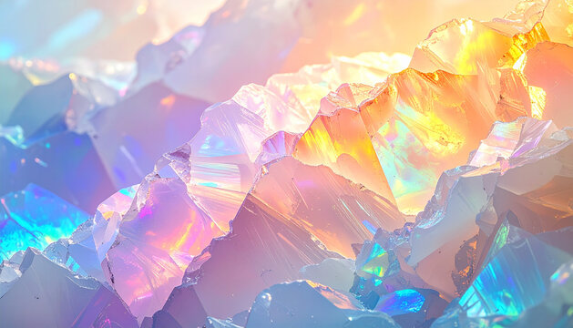 Abstract background of opal gemstone light refraction, soft pastel rainbow layers with iridescent highlights, luxurious and ethereal crystal-inspired pattern. No people, no text, no watermark.
