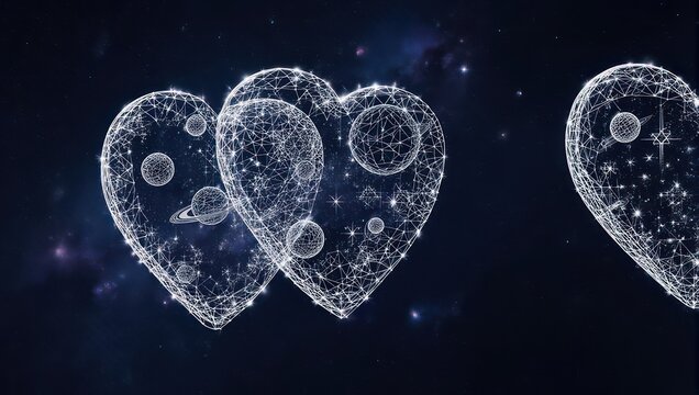 Stunning cosmic hearts filled with planets shining bright against a deep space backdrop, perfect for love themed concepts and modern designs