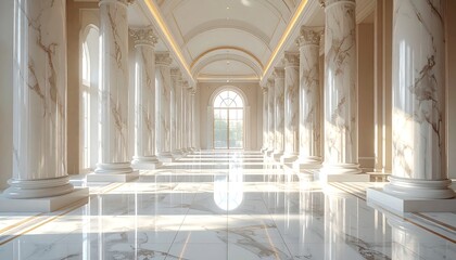 Fototapeta premium A sunlit corridor with ornate white columns and a polished marble floor, leading to a bright, arched doorway and exterior view