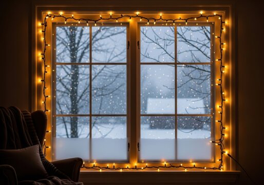 A cozy window view on a snowy winter evening, adorned with warm yellow fairy lights, looking out at bare trees and a snowcovered landscape