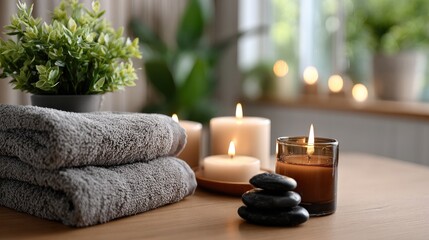 A calming spa atmosphere is created with candles, soft towels, bamboo sticks, and decorative stones, ideal for relaxation and self-care