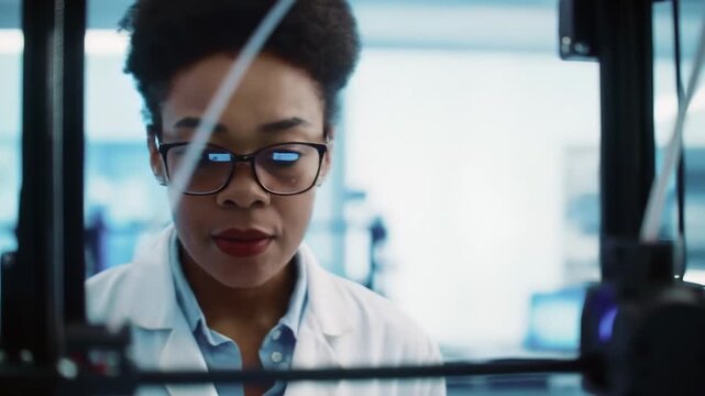 Focused scientist observing 3D printer