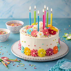 Birthday cake with colorful decorations on blue background.

