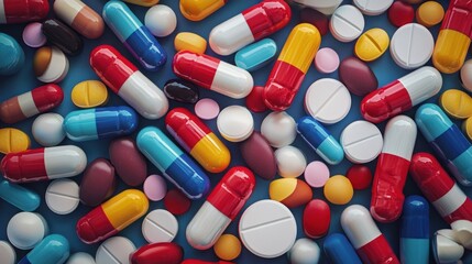 A colorful assortment of pills and capsules on a blue background.
