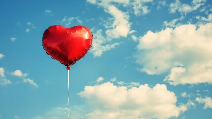 Fototapeta premium Red heart-shaped balloon floating against a blue sky with white clouds.