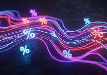 Futuristic Neon Waves Carry Glowing Percentage Signs in a Dynamic Data Stream.