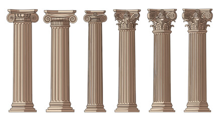 Fototapeta premium Set of vector illustrations of antique Greek columns in various styles, beige color on white background, isolated elements perfect for web design, architecture graphics, and historical animation