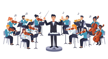 Fototapeta premium Orchestra Conductor Leading Symphony with Musicians Playing Instruments – Flat Vector Illustration on White Background for Music Concept Design
