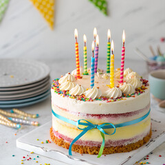 birthday cake with candles on the table background 