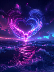 A neon phoenix forms a heart shape over ocean waves at night. The image captures themes of love, rebirth, fantasy, and digital art.