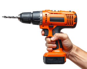 A realistic depiction of a human hand gripping a bright orange cordless power drill w