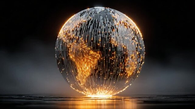Stylized planet Earth made of metallic pillars rotating slowly on a dark, reflective surface, with continents glowing with golden light, representing global data, communication, and technology