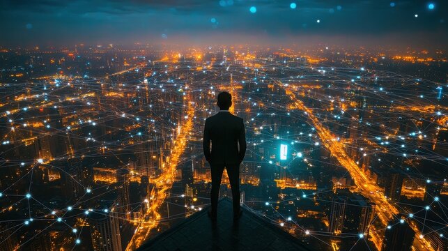 Man in suit overlooking illuminated cityscape with network connections at night from a high vantage point