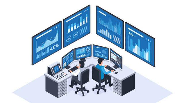 Vector design of isometric control room with operators, multiple monitors, and large wall screens displaying analytics charts, flat style in blue tones for technology and data visualization themes
