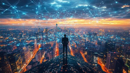 A man standing overlooking a futuristic cityscape with glowing network connections at dusk over the city