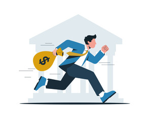 Businessman running with a large money bag with a black dollar sign symbol. Bank robbery concept. Corruption and fraud.