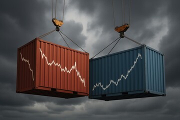 Economic Tipping Point: Visual metaphor of the economic ups and downs, where containers are lifting with a graph demonstrating trends, under dark stormy clouds.