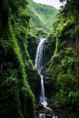 Fototapeta premium Cascading waterfall amidst verdant jungle cliffs cascade tumbling