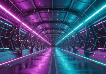 Obraz premium Symmetrical Sci-Fi Corridor with Reflective Wet Floor and Split Purple and Cyan Neon Lighting.