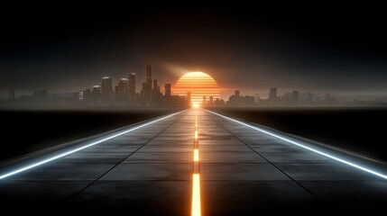 Obraz premium Futuristic city skyline illuminated by neon lights and a radiant sun, showcasing vibrant colors and glowing lines in a retro wave style
