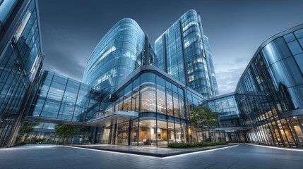 3D stimulate of high rise curve glass building and dark steel window system on blue clear sky 