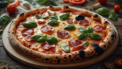 Delicious pepperoni pizza with fresh basil ready to be served on a wooden board, perfect for restaurant menus and food blogs, appetizing and rustic