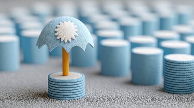 Conceptual Illustration of Risk Management with Blue Umbrella and Coins Model