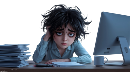 Cartoon character with messy hair looking exhausted at desk with computer and papers transparent background. isolated on a transparent background