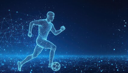 Dynamic digital athlete dribbling soccer ball in a futuristic blue network, perfect for esports, gaming or sports technology concepts