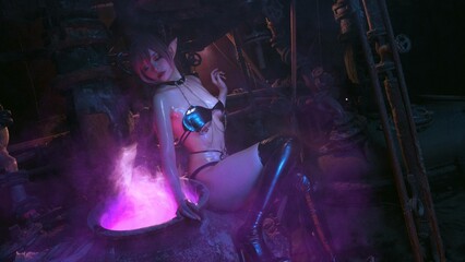 Enchanting sorceress conjuring magic with bubbling cauldron in mysterious industrial setting...