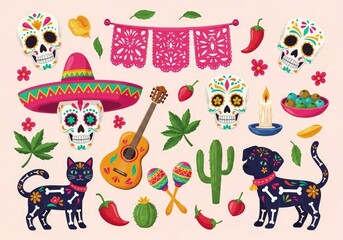 Vibrant Día de los Muertos Collection with Calavera Skulls Alebrije Pets and Festive Papel Picado.