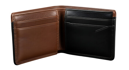 Open brown and black leather wallet isolated on transparent background this stylish wallet features multiple card slots and a sleek design, perfect for organizing your essentials the contrasting color