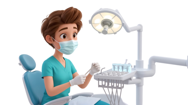 Cartoon Dentist Character in Scrubs Holding Dental Tools with Dental Lamp and Chair graphic transparent background isolated on a transparent background - Powered by Adobe