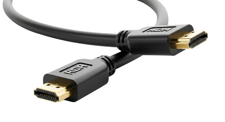 Closeup of a black hdmi cable isolated on transparent background this highdefinition multimedia interface cable is used for transmitting audio and video signals between devices it features goldplated 