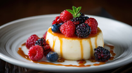 Creamy panna cotta topped with fresh raspberries, blackberries, and blueberries, drizzled with caramel sauce