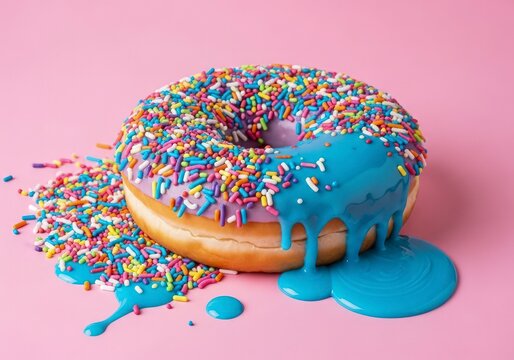 Vibrant Donut with Cascading Blue Icing and Rainbow Sprinkles on a Pink Surface.