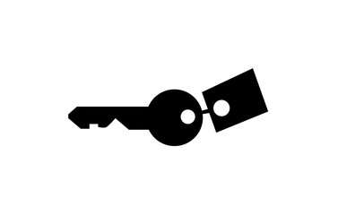 A simple black silhouette of a key with a small attached tag.