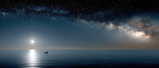 Fototapeta premium Small fishing boat navigates the tranquil ocean at night, reflecting moonlight and stars, creating a peaceful ambiance on the water