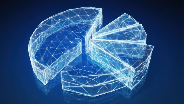 Stunning digital pie chart visualization representing data analysis and financial growth in a futuristic glowing network.