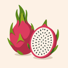 Dragon fruit cut in half, healthy mood, bright colors, tropical fruit illustration