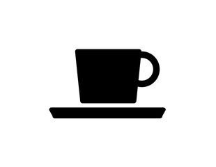 Simple black silhouette of a coffee cup and saucer.