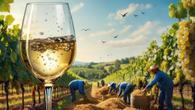 Savor the essence of harvest with a refreshing glass of white wine amidst rolling vineyard hills and diligent workers gathering grapes under a bright sky.