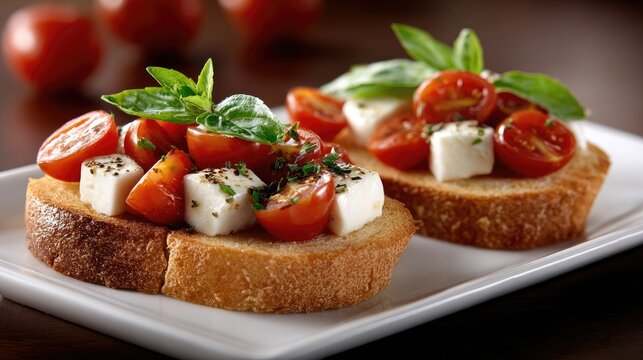 Savor the vibrant flavors of bruschetta with mozzarella and cherry tomatoes, garnished with fresh basil on a stylish white plate