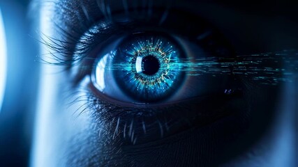 Woman eye with digital data visualization. Artificial intelligence, virtual reality, sci-fi, concept for technology video. - Powered by Adobe